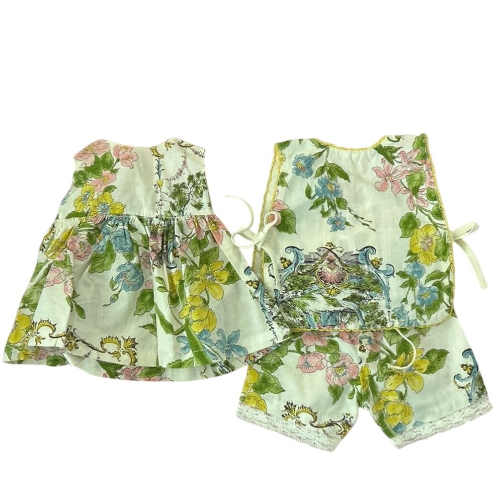 Vtg Floral Doll Clothes Set, Dress, Pinafore & Shorts, fits most 14’-16’ dolls
